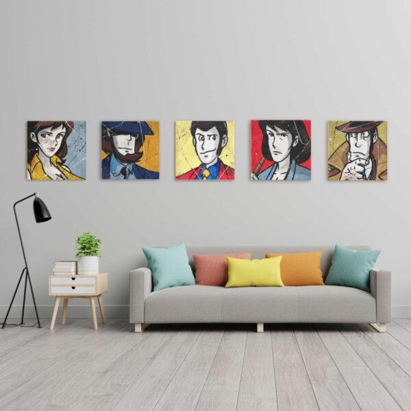 5 tele Fatte a mano su juta originali serie Lupin Color