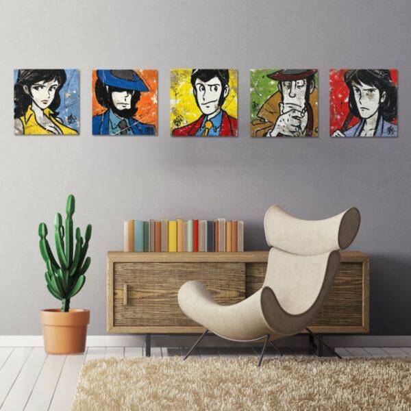 5 tele Fatte a mano su Juta serie Lupin Color Semplificati