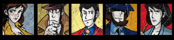 5 tele Fatte a mano su juta originali serie Lupin Color