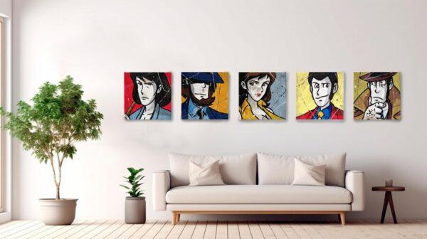 5 tele Fatte a mano su juta originali serie Lupin Color
