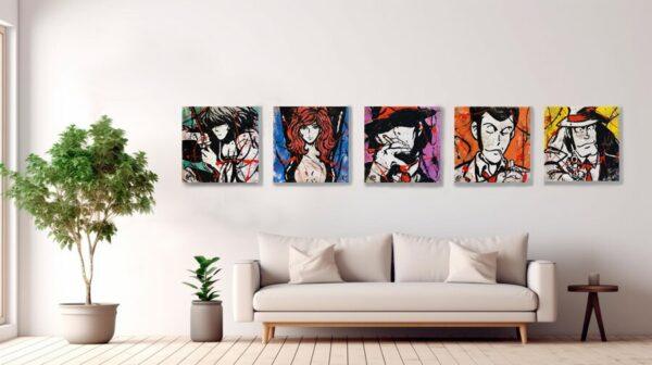 5 tele Fatte a mano su Juta originali serie Lupin Comic